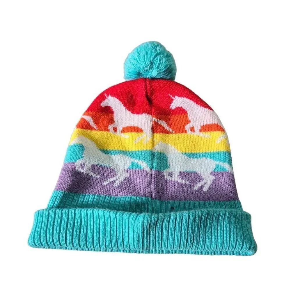 Rainbow horse winter hat with pompom OS
